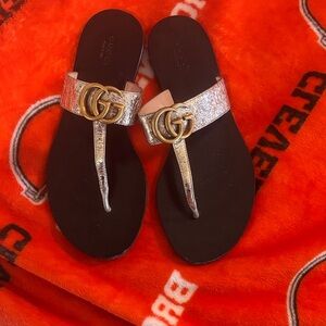 Gucci Silver and Black Slide Sandals